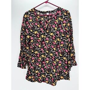 Old Navy Women L Black Floral Peasant Blouse Bell Sleeve Boho